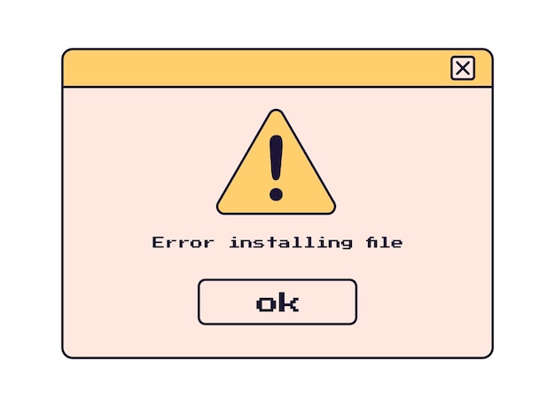 Error installing file window Old user interface windows Retro browser and error message Vector illustration