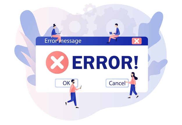 Vector error message tiny people examining operating system error warning window modern flat cartoon