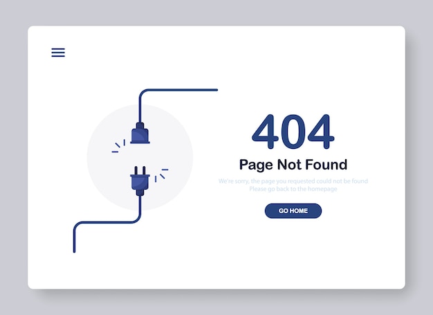 Error page not found banner with cable and socket or cord plug for website. blue