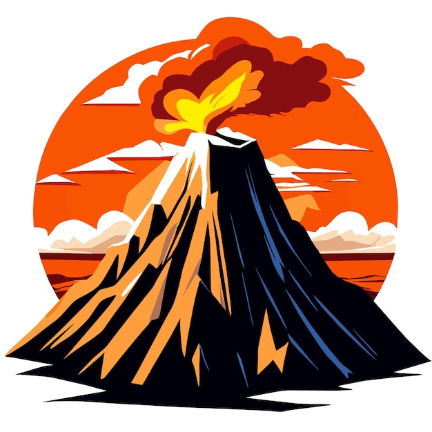 Vector erupting mountain spews fiery ash into the sky vector illustration