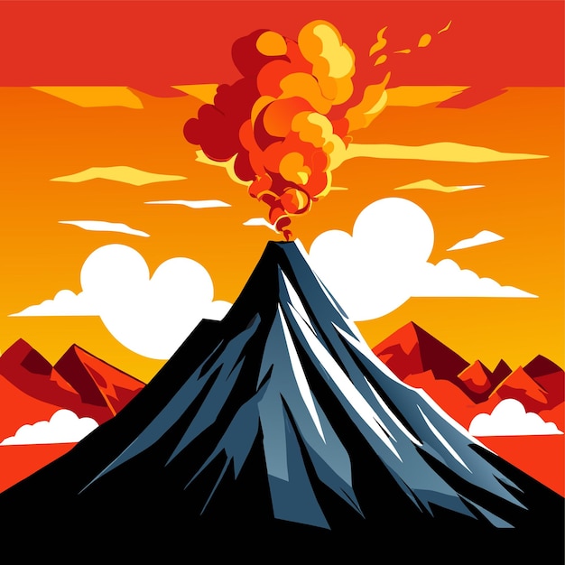 Vector erupting mountain spews fiery ash into the sky vector illustration