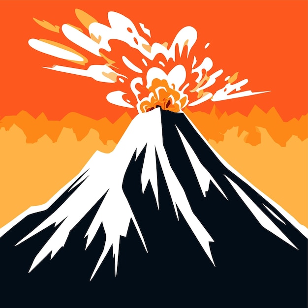 Vector erupting mountain spews fiery ash into the sky vector illustration