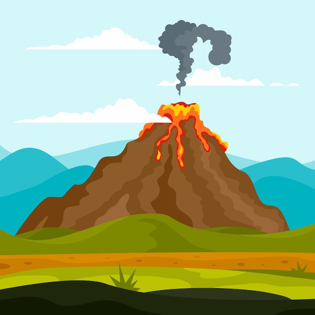 Vettore eruzione dello sfondo del vulcano illustrazione piatta dello sfondo vettoriale dell'eruzione del vulcano per il web design