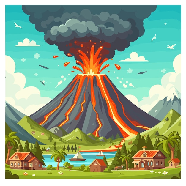 eruption of volcano mountain destruction village under flat illustration