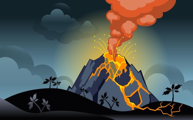 Eruption of the volcano at night on the sky background Horizontal back Vector