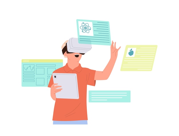 Ervaren schooljongen student cartoon personage in virtual reality bril genieten van wetenschap leren