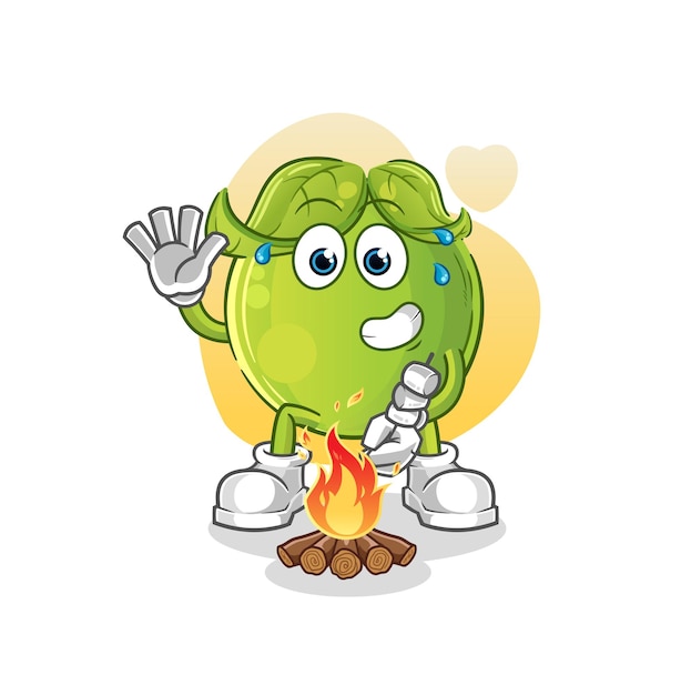 Erwten roosteren marshmallows. cartoon mascotte vector