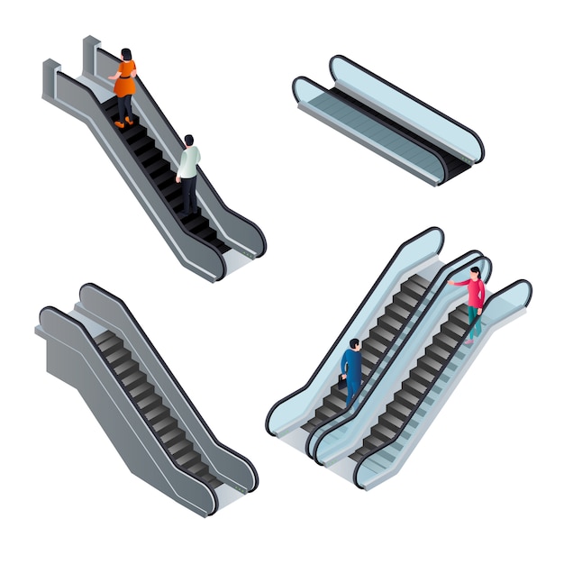 Vector escalator elements set, isometric style