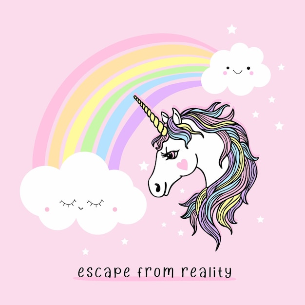 Escape from reality typographic slogan with unicorn,cloud,rainbow, stars for t-shirt prints vector.
