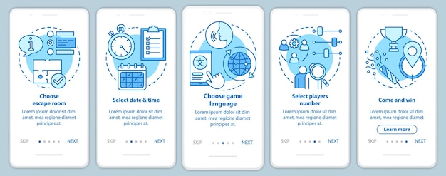 Tutorial per la prenotazione della stanza di fuga sull'onboarding della schermata della pagina dell'app mobile con concetti lineari. scegli la data della missione. istruzioni grafiche dei passaggi della procedura dettagliata. modello vettoriale ux, ui, gui con illustrazioni