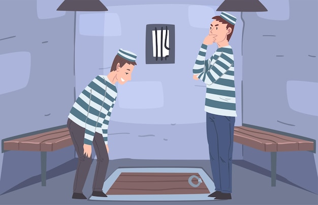 Vector escape room interior reality quest with two men prisoners locked in room and looking for escape vector illustration