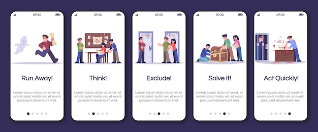 Escape room onboarding mobile app screen vector template