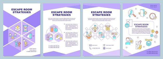 Escape room strategies purple brochure template. Solving hard riddles. Leaflet design with linear icons. 4 vector layouts for presentation, annual reports. Arial-Black, Myriad Pro-Regular fonts used