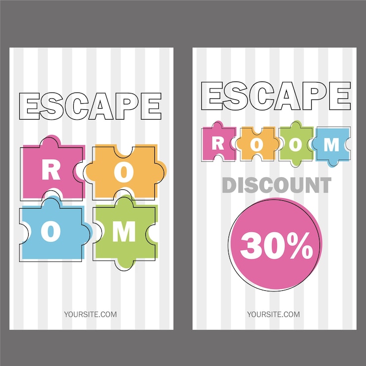 Vector escape room. vector illustration poster, banner on white background puzzle colored pieces voucher templates or invitation
