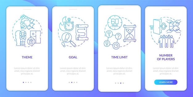 Escape rooms elements blue gradient onboarding mobile app screen Walkthrough 4 steps graphic instructions pages with linear concepts UI UX GUI template Myriad ProBold Regular fonts used