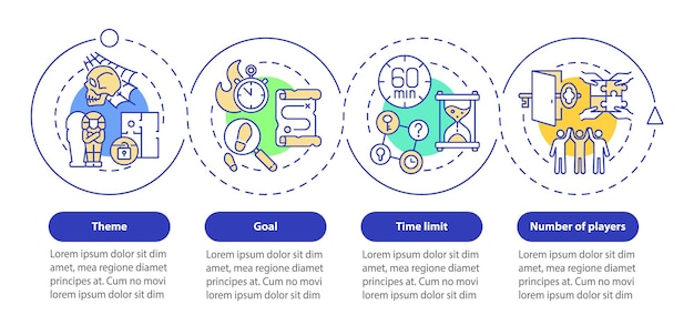 방 탈출 요소 루프 원 인포그래픽 템플릿 시간 제한 4단계의 데이터 시각화 프로세스 타임라인 정보 차트 라인 아이콘이 있는 워크플로 레이아웃 Myriad ProBold 일반 글꼴 사용