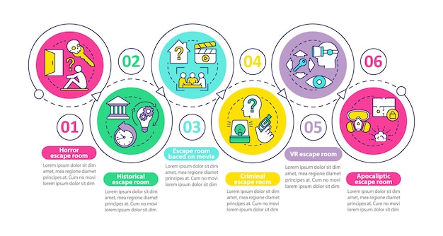 Vector escape rooms vector infographic template. quest game categories. business presentation design elements. data visualization with six steps. process timeline chart. workflow layout with linear icons