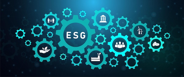 Вектор Концепция значка баннера esg - окружающая среда, общество и управление в устойчивом и этичном бизнесе, сетевые и организационные связи, информационный баннер о решении, вектор