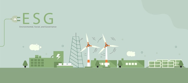 ESG-concept duurzame omgeving samenleving en bestuur en sociale overheid met windturbines en zonnepanelen vector illustratie banner