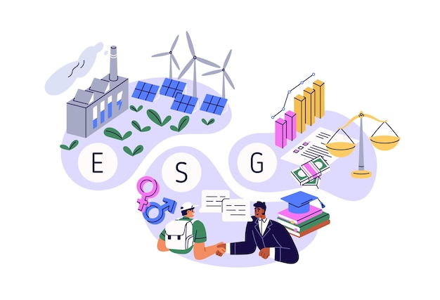 Concetto esg. governance ambientale, sociale e d'impresa. approccio etico e valori responsabili sostenibili nel business e nella gestione. illustrazione vettoriale piatta isolata su sfondo bianco.