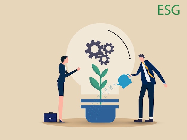 ESG Environmental Social and Corporate Governance company responsibility to care world environment business people touch light bulb with seedling green plant and governance gear