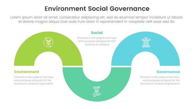 Vector esg environmental social and governance infographic 3 point stage template with circular shape half circle concept for slide presentation vector