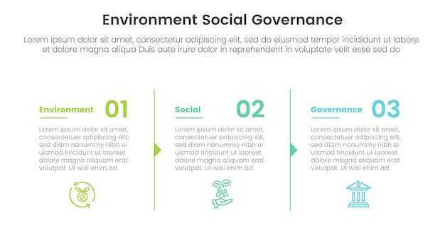 Modello di fase a 3 punti di infografica ambientale, sociale e di governance esg con il concetto di struttura della freccia di descrizione della colonna per il vettore di presentazione di diapositive