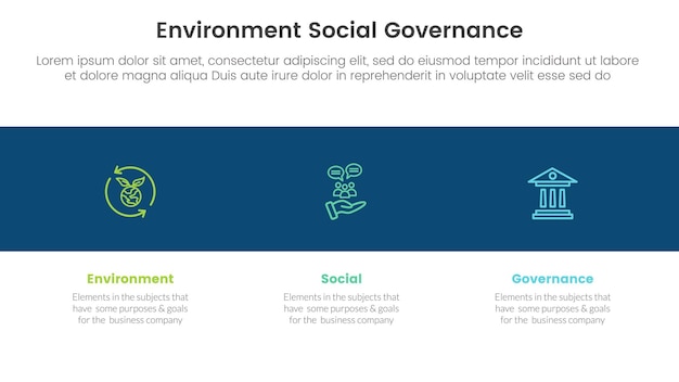 esg экологическая социальная и управленческая инфографика трехточечный шаблон этапа со значком в черном горизонтальном фоне концепция для вектора слайд-презентации