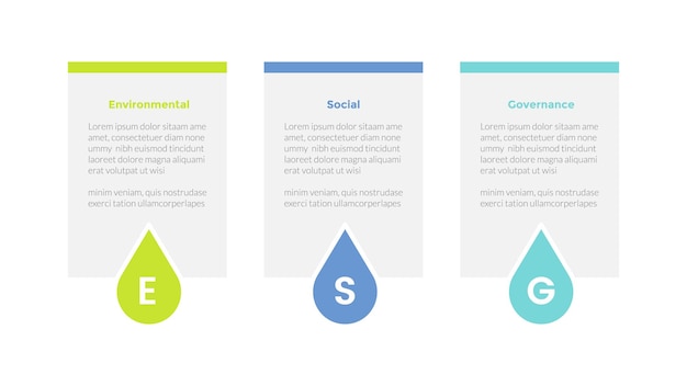벡터 슬라이드 프리젠테이션 벡터를 위한 상자 테이블 3포인트 단계 창의적인 디자인이 있는 esg 환경 사회 거버넌스 인포그래픽 템플릿 다이어그램