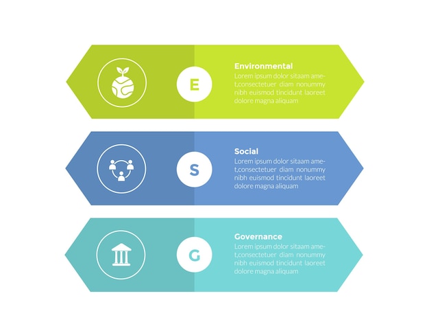 Esg экологическое социальное управление инфографика шаблон диаграммы с прямоугольной формой стрелки трехточечный шаг креативный дизайн для вектора слайд-презентации