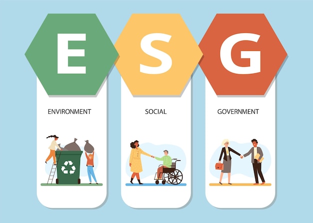 Vector esg infographic with people care about environment and minorities flat vector illustration