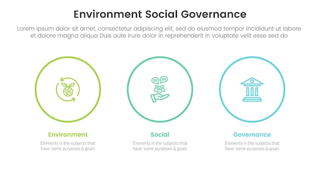 esg milieu, sociaal en bestuur infographic 3-punts podiumsjabloon met groot cirkeloverzicht horizontaal concept voor diapresentatievector