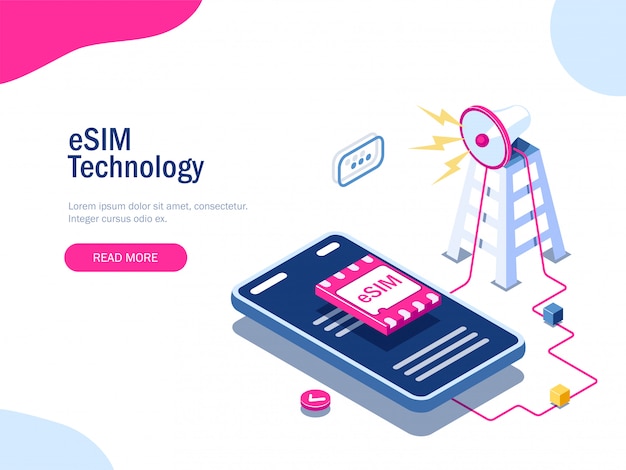 ESIM 카드 칩 사인. GSM 타워 개념