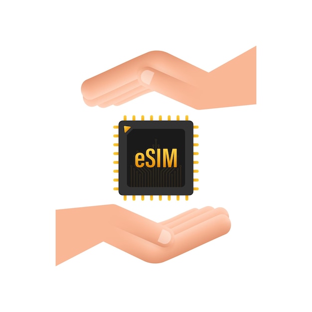 ESIM Встроенная SIM-карта с концепцией символа значка руки новый чип
