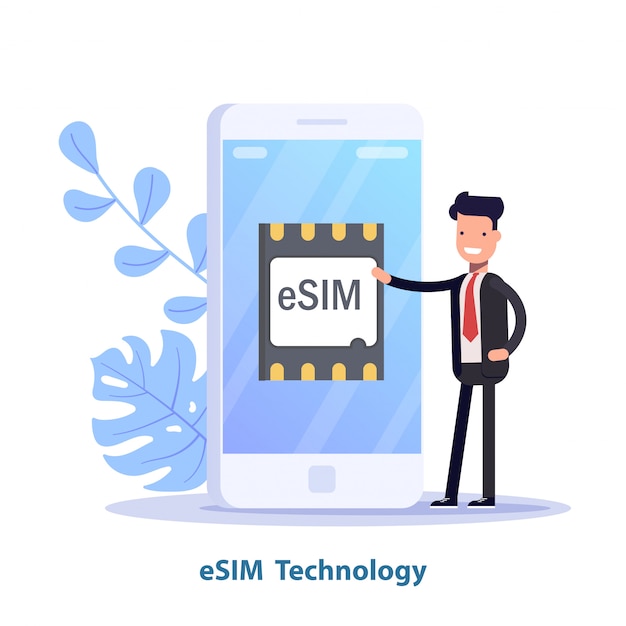 ESIM kaartchip teken. Ingebed SIM-concept. Nieuwe mobiele communicatietechnologie