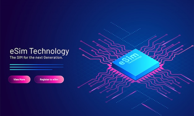 Vector esim technology  based landing page  with embedded sim card on blue .