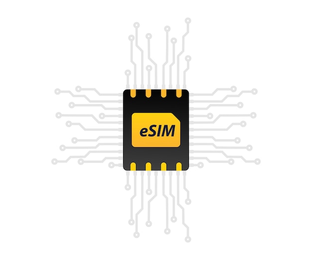 ESIM 기술. 임베디드 SIM. 새로운 이동통신 기술. SIM 임베디드 SIM 카드 아이콘입니다. 칩이 있는 모바일 장치용 5g SIM 카드