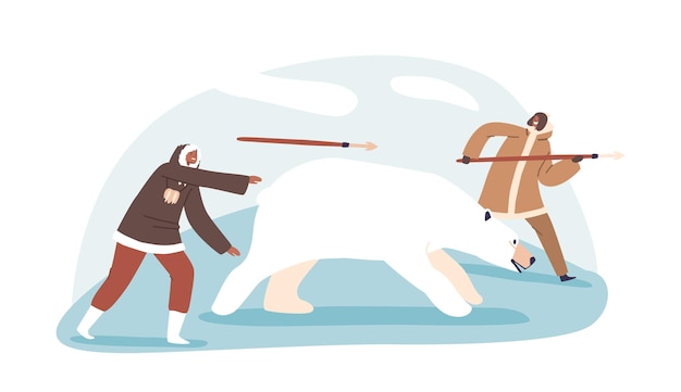 Vector eskimo hunter-personages die inheems zijn in het noordpoolgebied, jagen op ijsberen voor hun levensonderhoud. ze gebruiken teamwerk en harpoenen om overleving in extreme omgevingen te garanderen cartoon mensen vectorillustratie