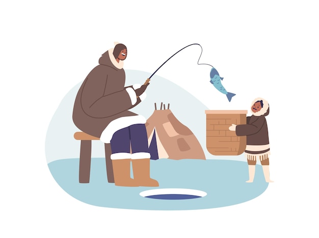 Vettore i personaggi eschimesi di genitori e figli si impegnano nella pesca insieme tramandando abilità e conoscenze tradizionali garantendo il sostentamento nel loro freddo ambiente artico cartoon people vector illustration