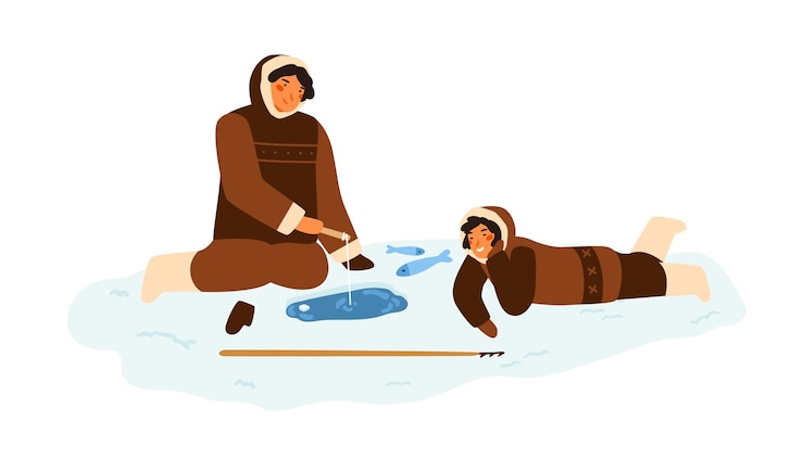 Vector eskimo people in traditional winter costumes sitting and fishing at snowy ice hole. alaskan fisherman characters. flat vector cartoon illustration isolated on white background.
