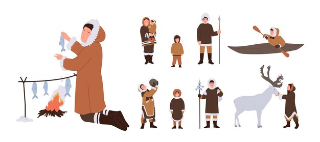 Vector eskimo's familie met ouders en kinderen in traditionele buitenkleding etnische mensen stripfiguren set