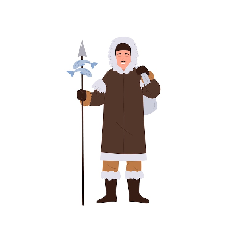 Vector eskimos man fisherman cartoon character wearing native clothes holding fishing spear with catch