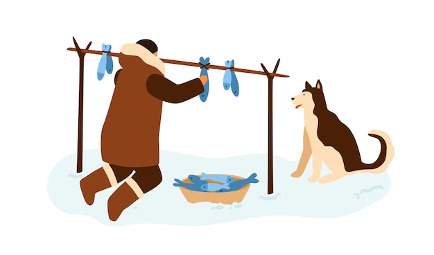 Eskimovisser hangende gedroogde vis. traditionele voedselbereiding van esquimau-mensen in besneeuwd alaska. platte vector cartoon illustratie geïsoleerd op een witte achtergrond.
