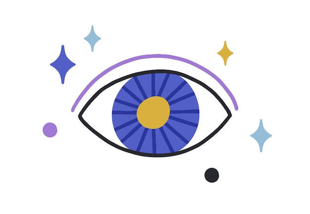 Vector esoteric magic evil eye among stars. mystical occult eyeball with hypnotic look. holy god watching. ancient spiritual symbol in doodle style. flat vector illustration isolated on white background