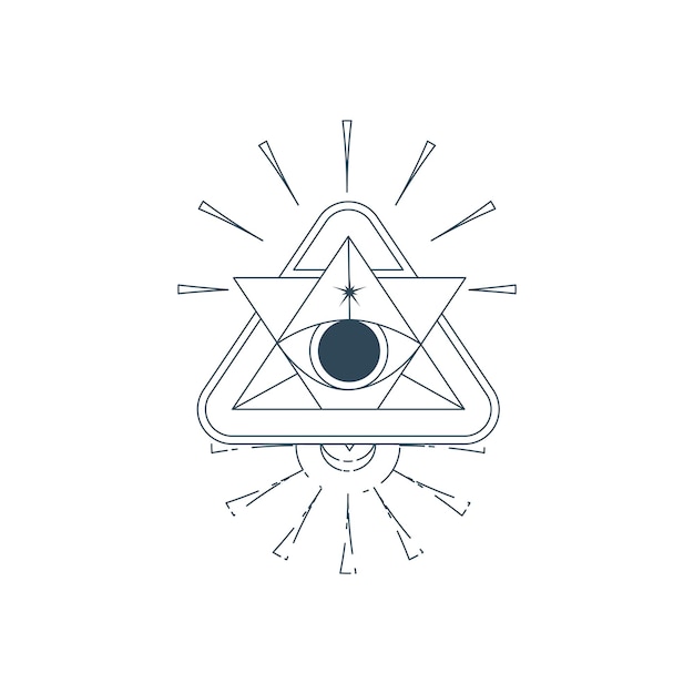 Эзотерическая пирамида с изолированным глазом Оккультный мистический треугольник с лучом и звездой Геометрический эзотерический символ Дизайн векторной иллюстрации, нарисованный линиями Мистический глаз в треугольнике