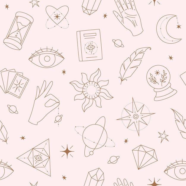 Esoteric seamless pattern Magic icons minimalistic symbols planets hands and crystals cards and eyes