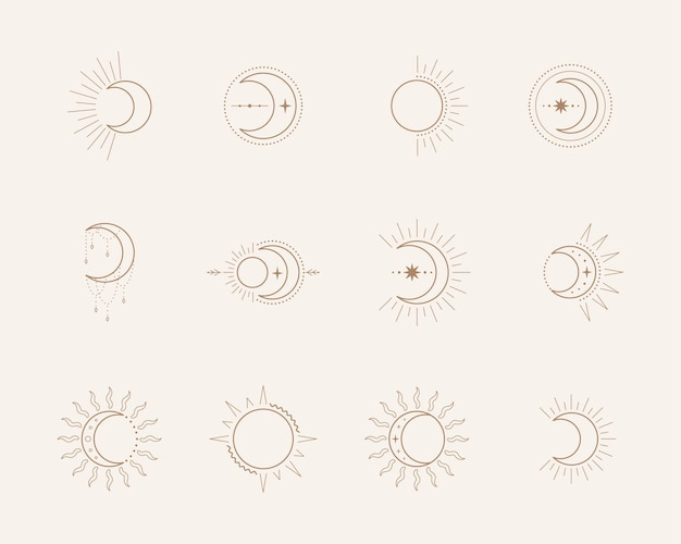 Esoteric symbols with moon and sun. Celestial sings.  illustration in boho style