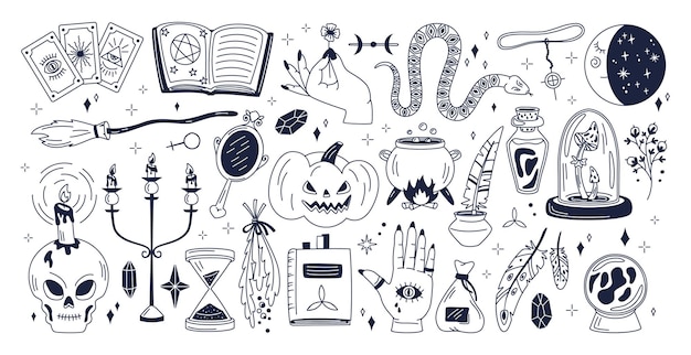 Vector esoteric witchcraft halloween patches magic holiday elements vector symbols illustrations set