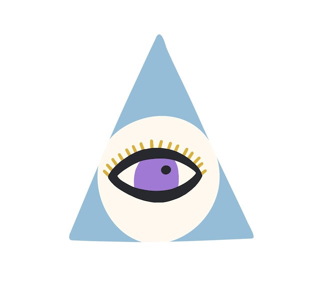 Esoterisch boze oog met wimpers. Magische spirituele oogbol binnen metselaarpiramide. Abstracte mystieke maçonnieke symbool in doodle stijl. Gekleurde platte vectorillustratie geïsoleerd op een witte achtergrond.