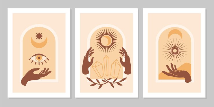 Esoterische magische handen met slang, maan en sterren geïsoleerd op een witte achtergrond. Platte vectorillustratie mystieke astrologie. Eenvoudig vrouwelijk logo-ontwerp voor kaart, poster, uitnodiging, spa